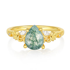 Romantic 4-prong pear-cut Natural Moss Agate engagement ring