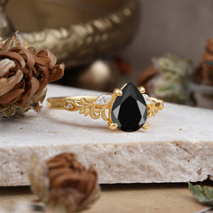 Romantic 4-Prong Pear-Cut Black Onyx Engagement Ring