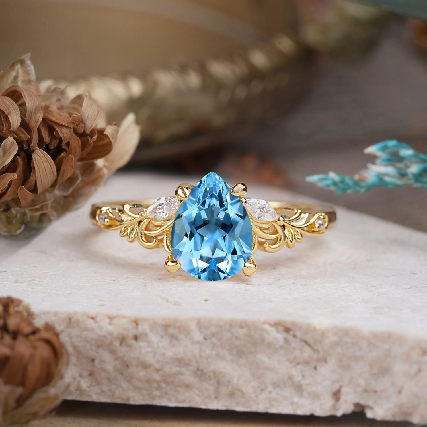 Romantic 4-Prong Pear-Cut Aquamarine Engagement Ring