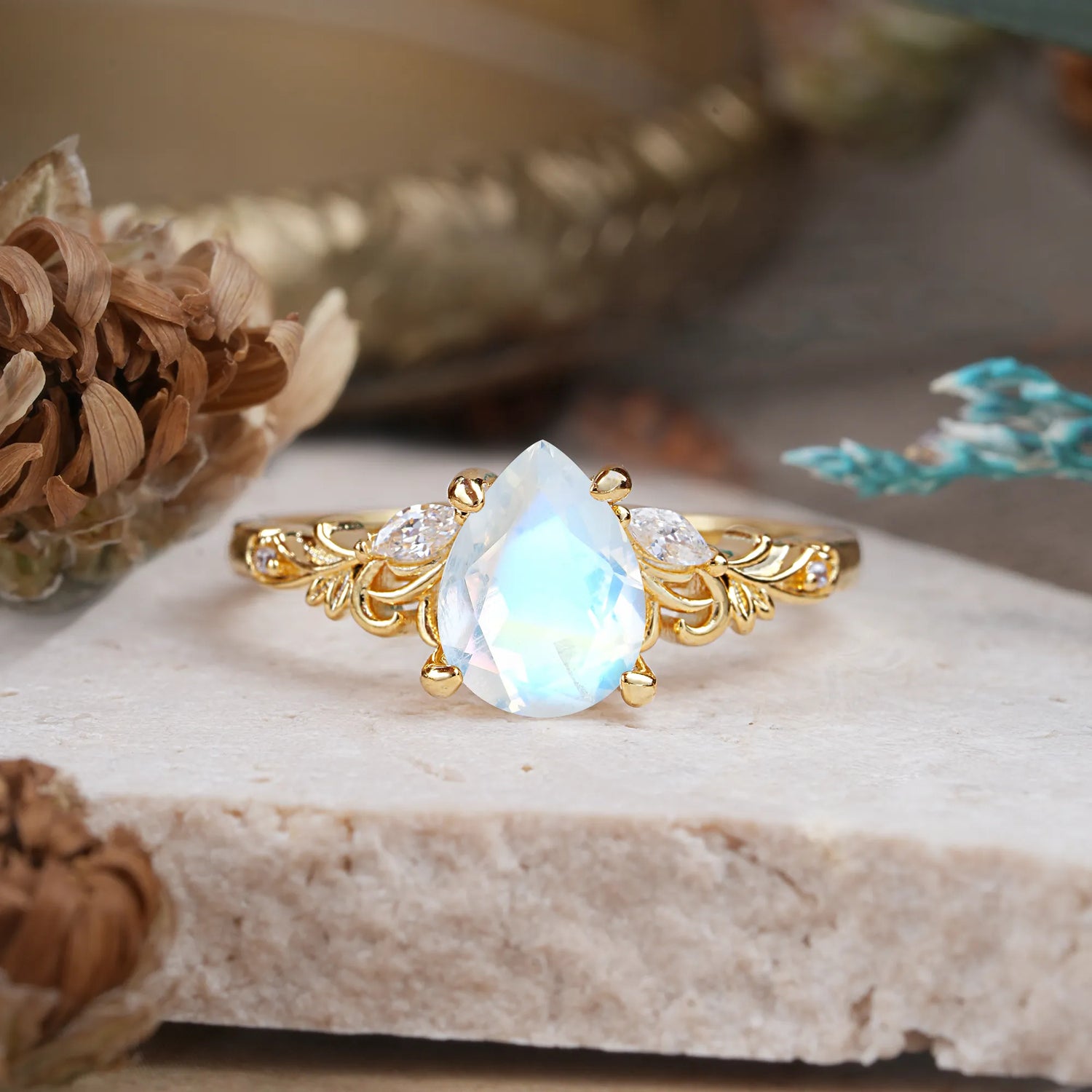 Romantic 4-Prong Pear-Cut Moonstone Engagement Ring