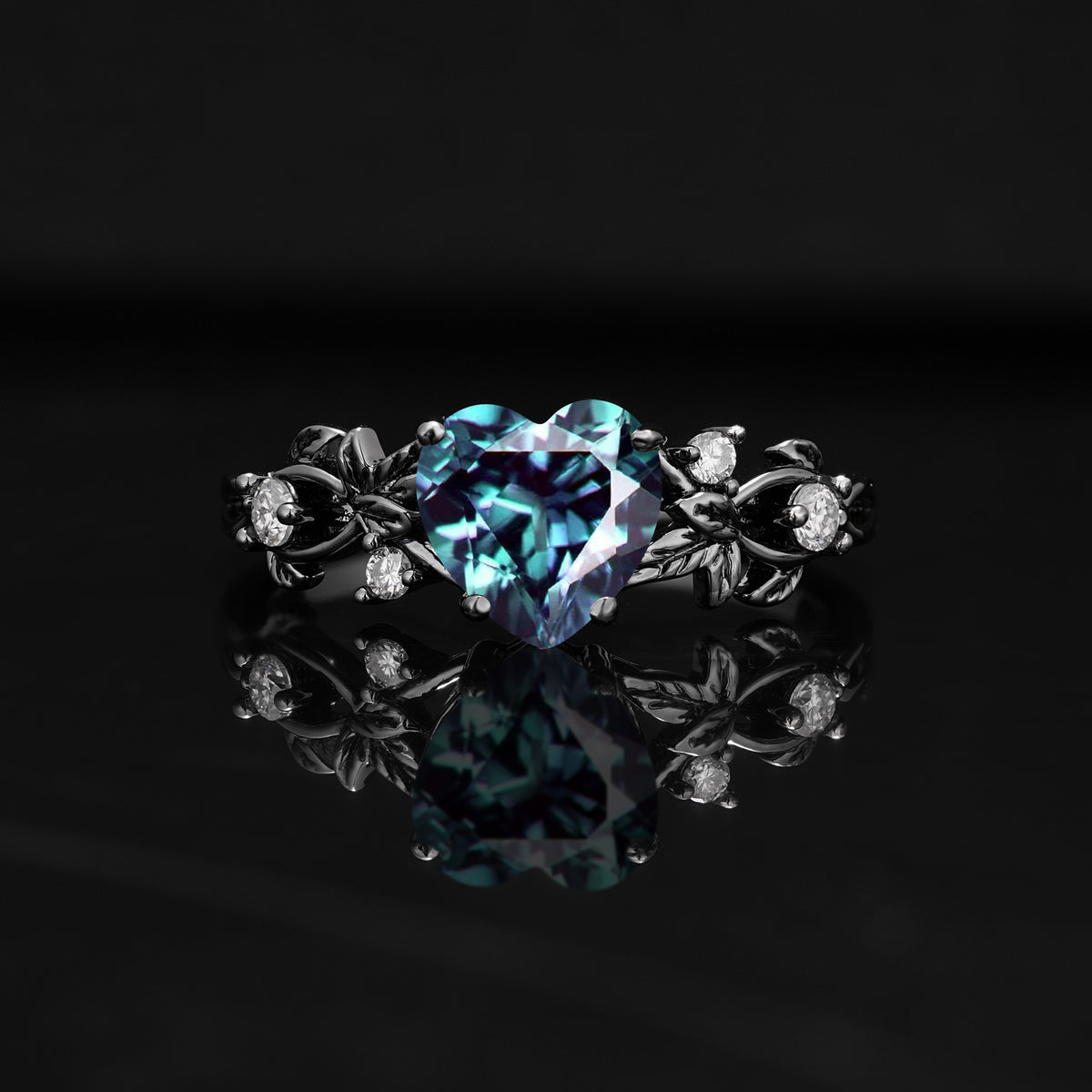 Dark Romantic Heart-Shaped Floral Vine Engagement Ring