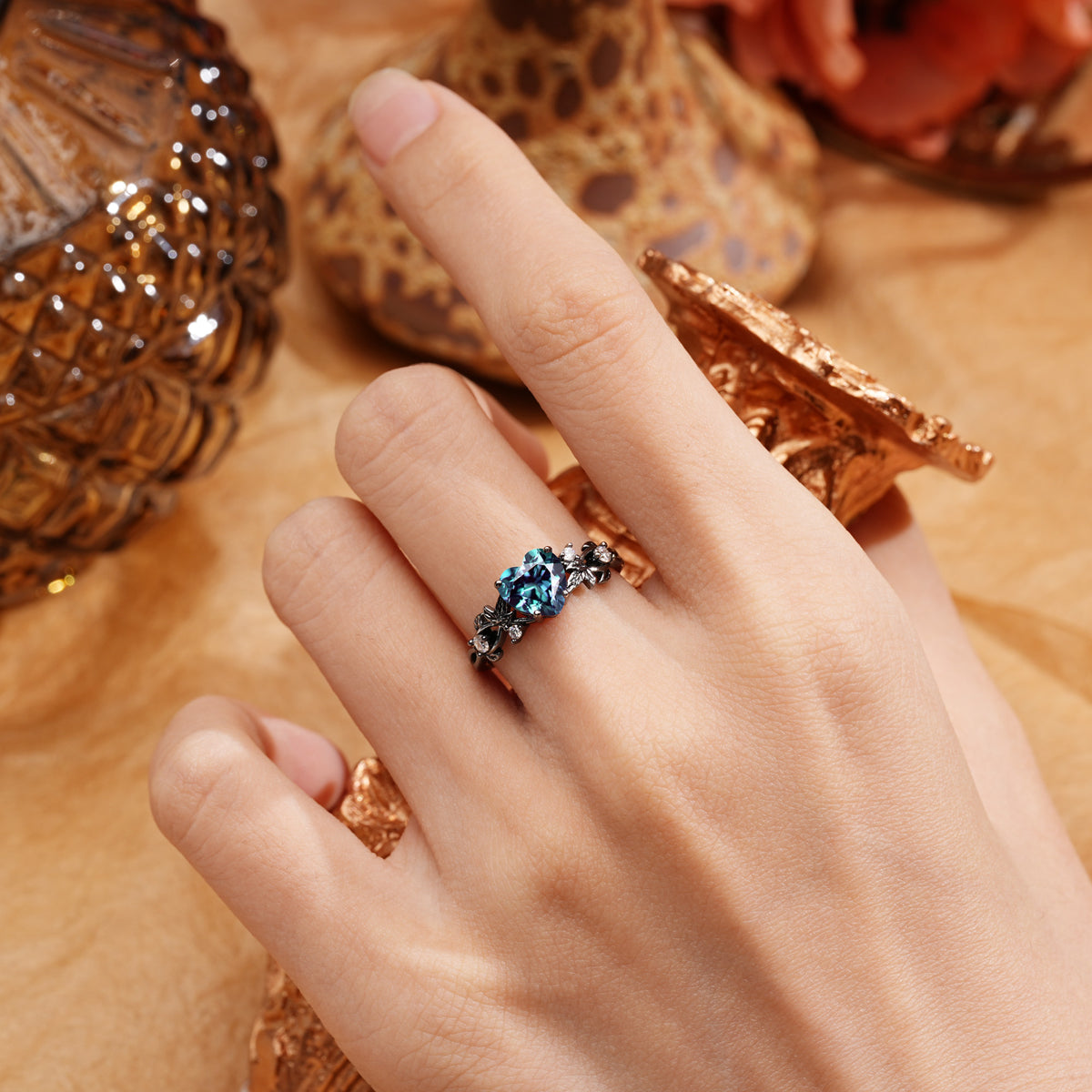 Dark Romantic Heart-Shaped Floral Vine Engagement Ring