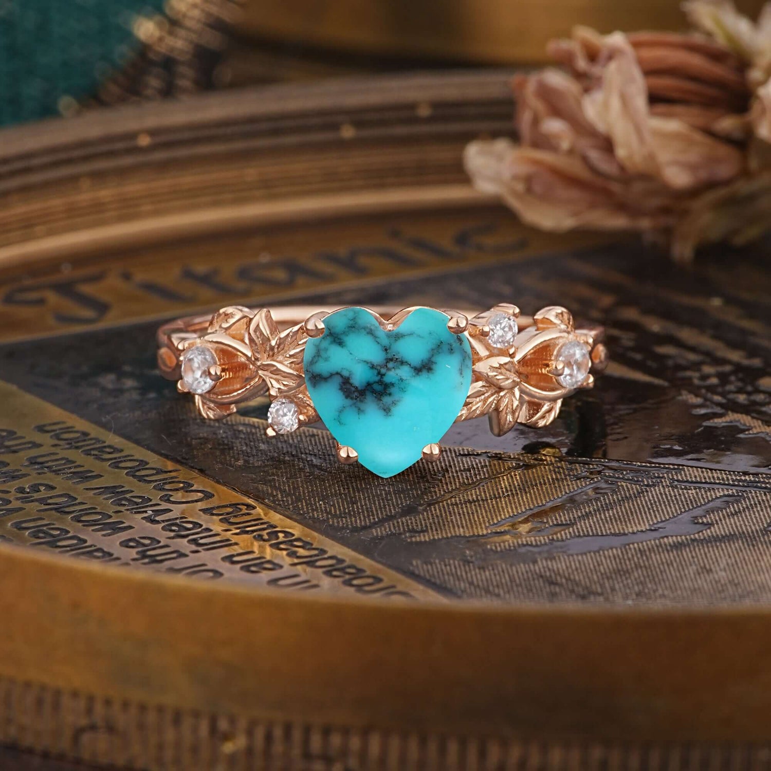 Woodland 4 Prong Heart Turquoise Wedding Ring