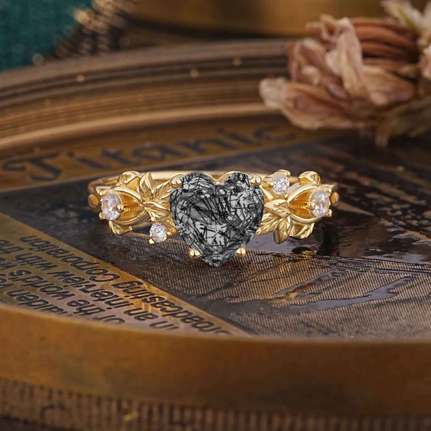 Woodland 4 Prong Heart Black Rutilated Quartz Wedding Ring