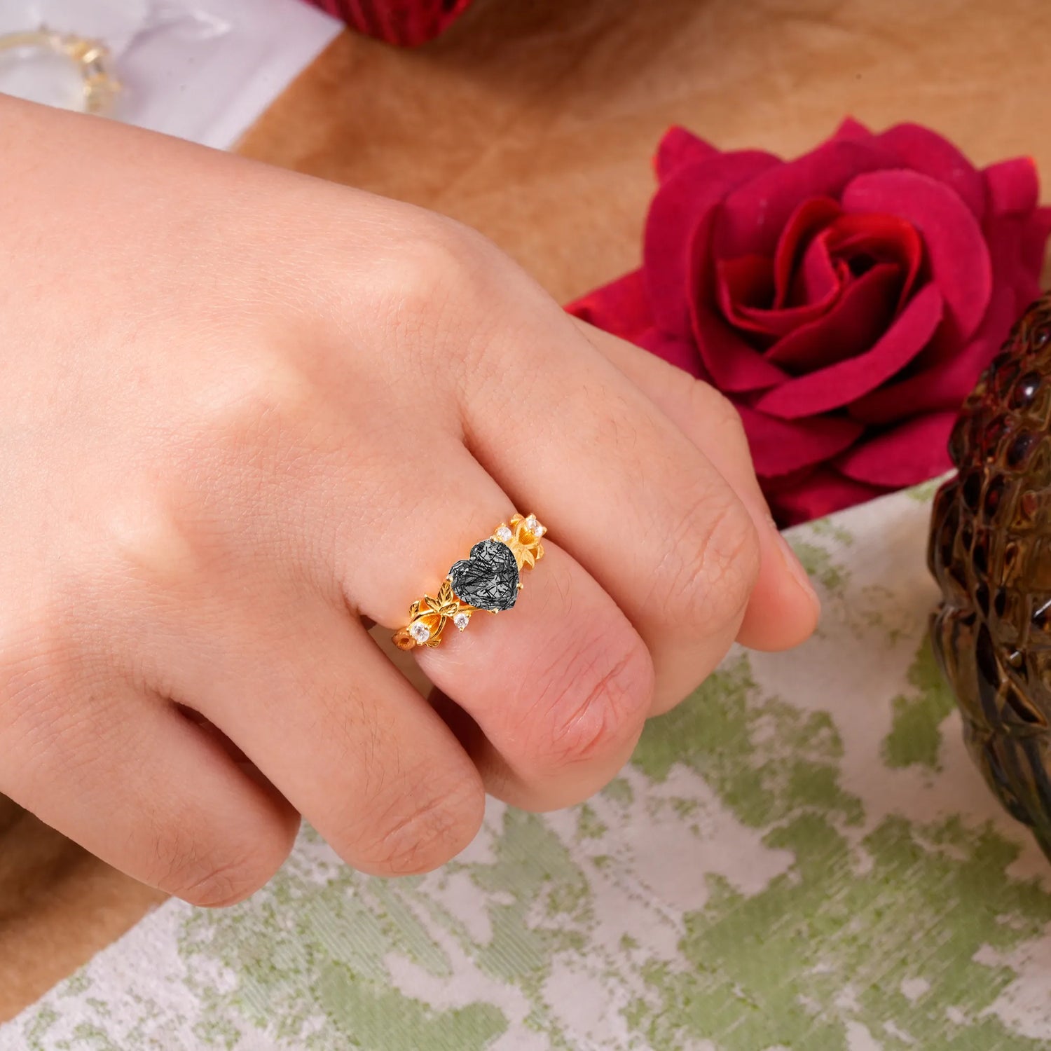 Woodland 4 Prong Heart Black Rutilated Quartz Wedding Ring