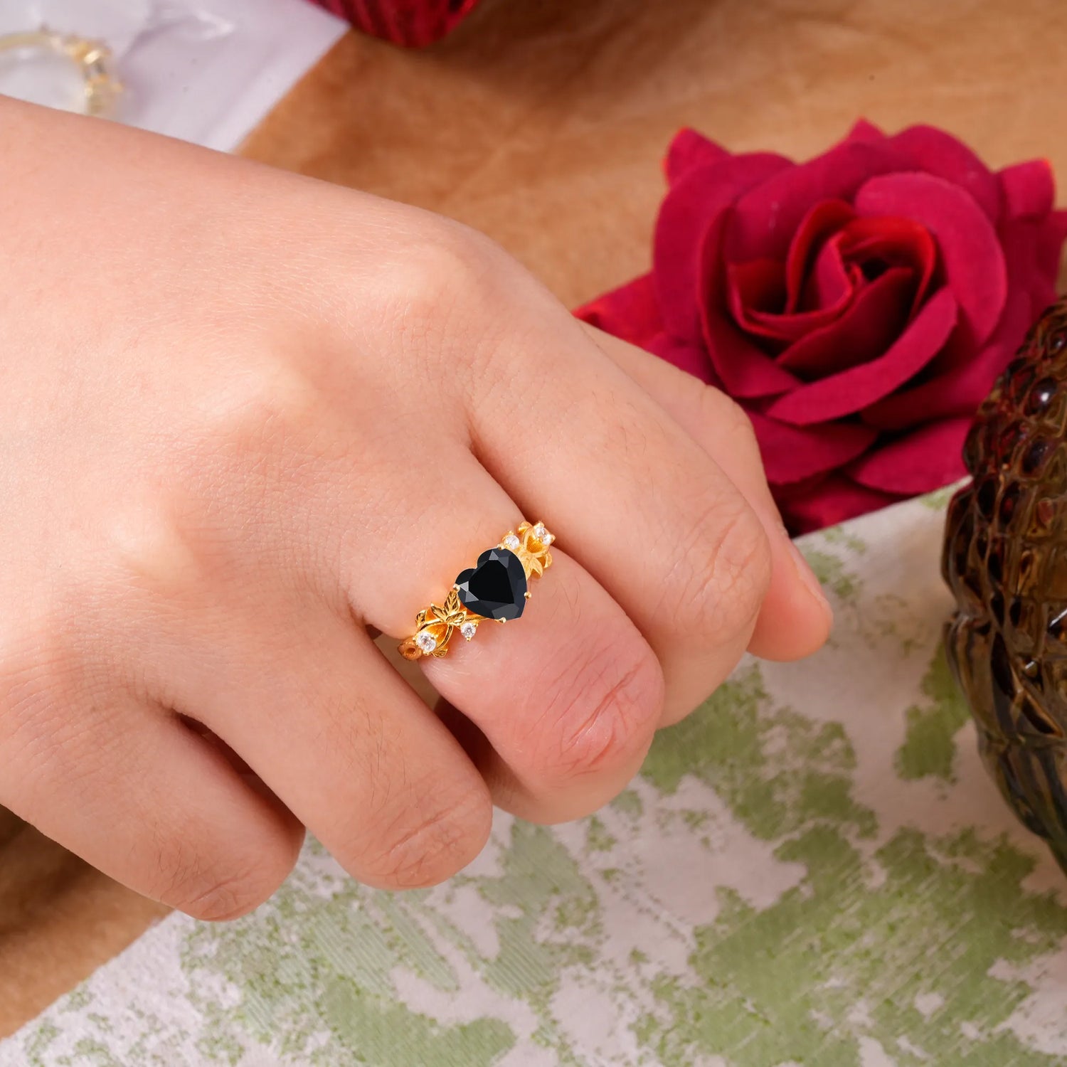 Woodland 4 Prong Heart Black Onyx Wedding Ring