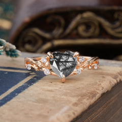Romantic Heart Shape Natural Black Rutilated Quartz Engagement Ring