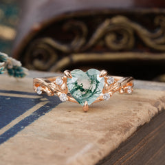 Romantic Heart Shape Natural Moss Agate Engagement Ring