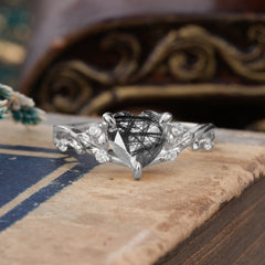 Romantic Heart Shape Natural Black Rutilated Quartz Engagement Ring