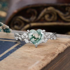 Romantic Heart Shape Natural Moss Agate Engagement Ring