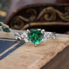 Romantic Heart Shape Nature-Inspired Emerald Engagement Ring