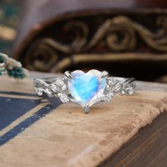 Romantic Heart Shape Nature-Inspired Moonstone Engagement Ring