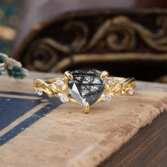 Romantic Heart Shape Natural Black Rutilated Quartz Engagement Ring