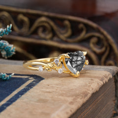 Romantic Heart Shape Natural Black Rutilated Quartz Engagement Ring