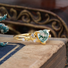 Romantic Heart Shape Natural Moss Agate Engagement Ring