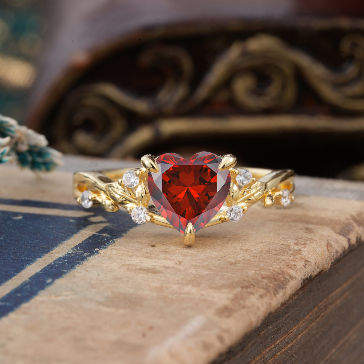 Romantic Heart Shape Nature-Inspired Garnet Engagement Ring - Romalar Jewelry