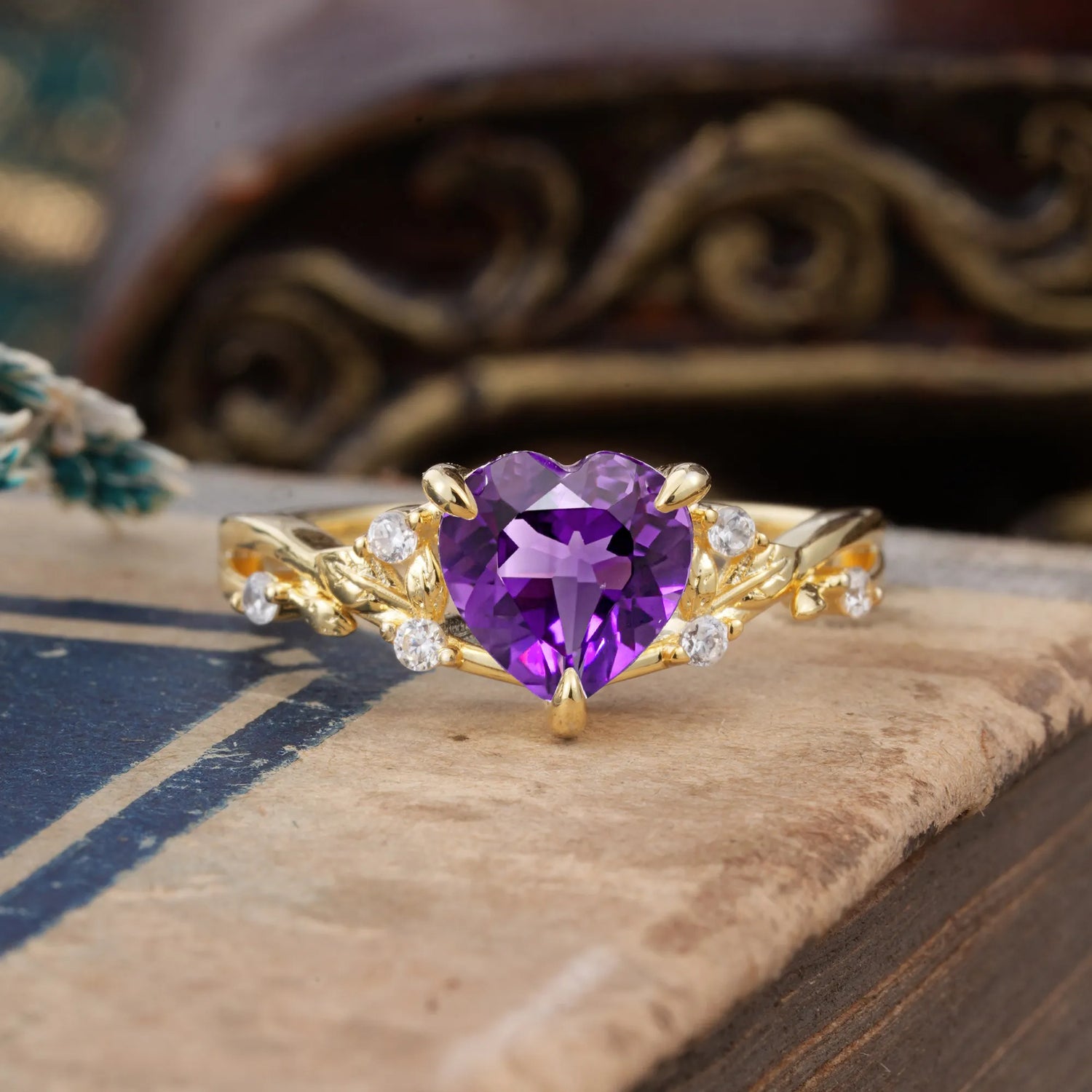 Romantic Heart Shape Nature-Inspired Amethyst Engagement Ring