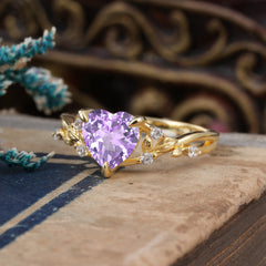 Romantic Heart Shape Nature-Inspired Amethyst Engagement Ring
