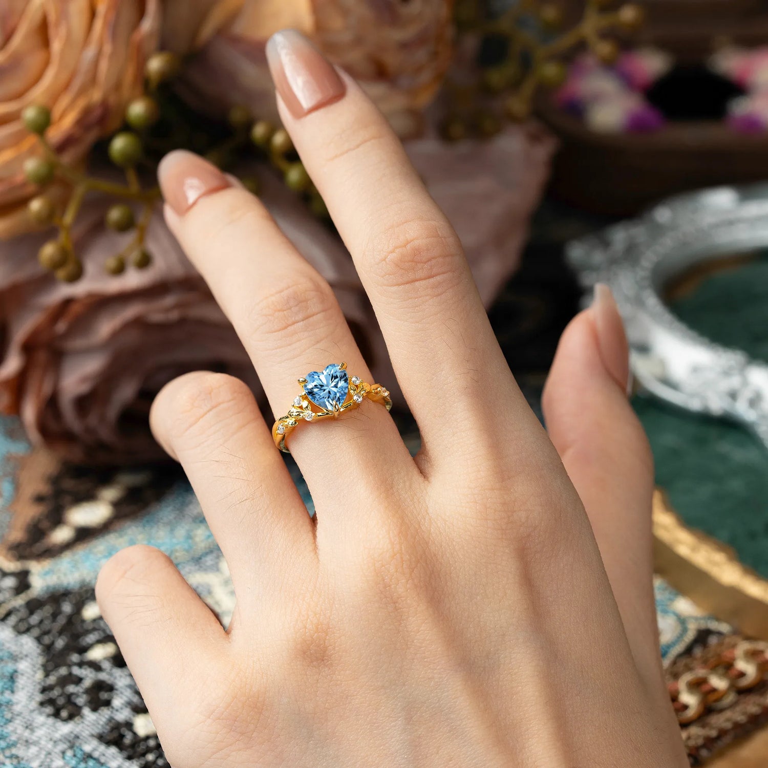 Romantic Heart Shape Nature-Inspired Aquamarine Engagement Ring