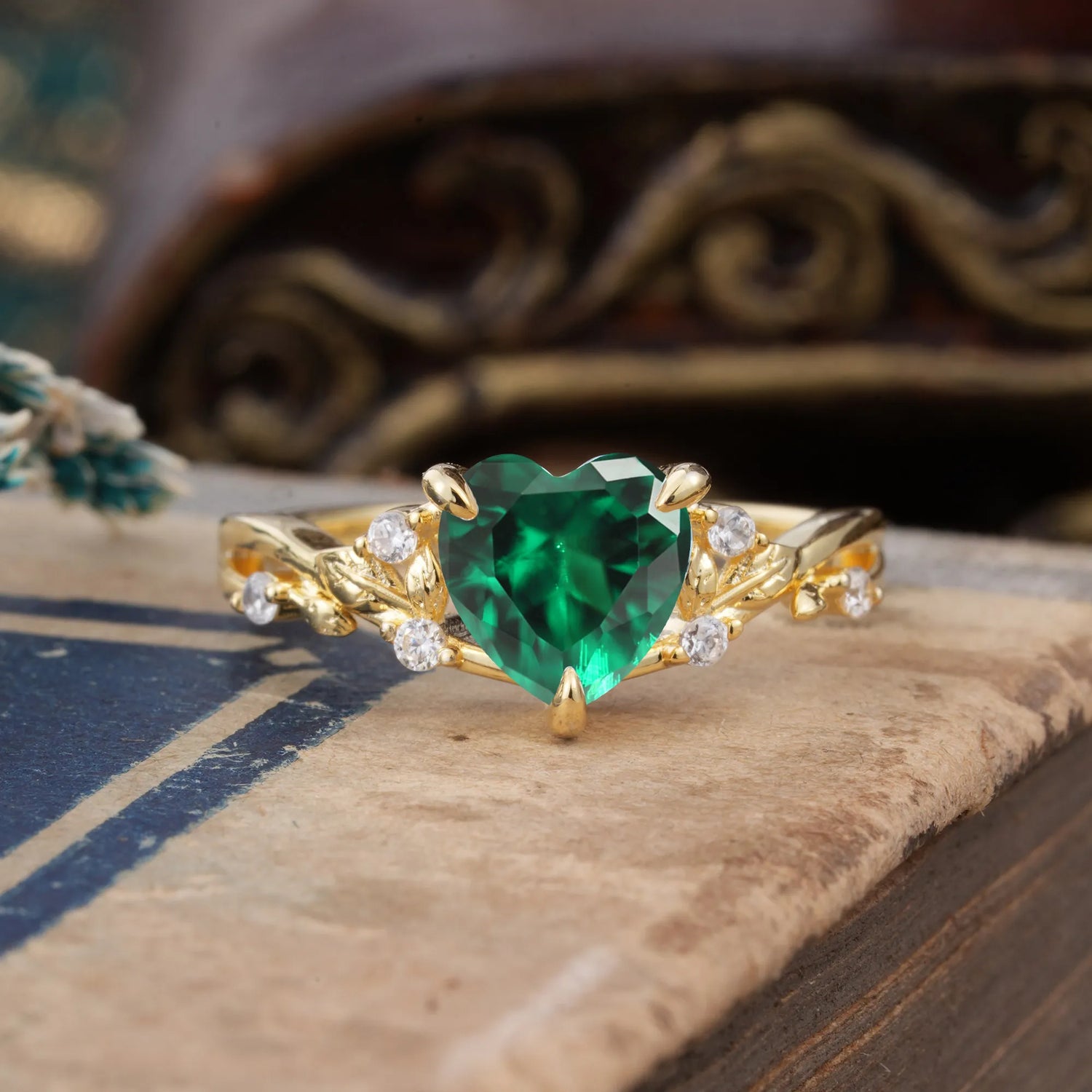 Romantic Heart Shape Nature-Inspired Emerald Engagement Ring - Romalar Jewelry