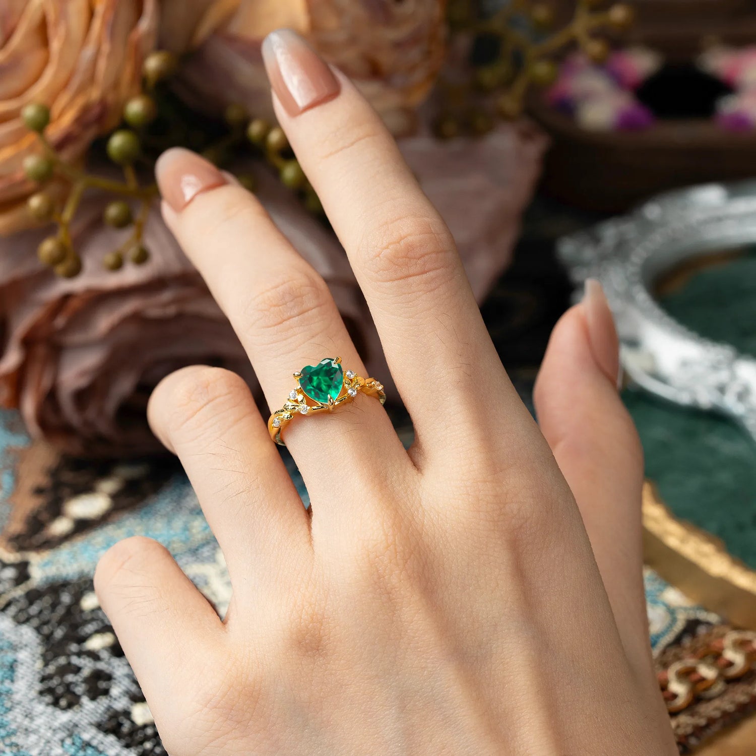 Romantic Heart Shape Nature-Inspired Emerald Engagement Ring - Romalar Jewelry