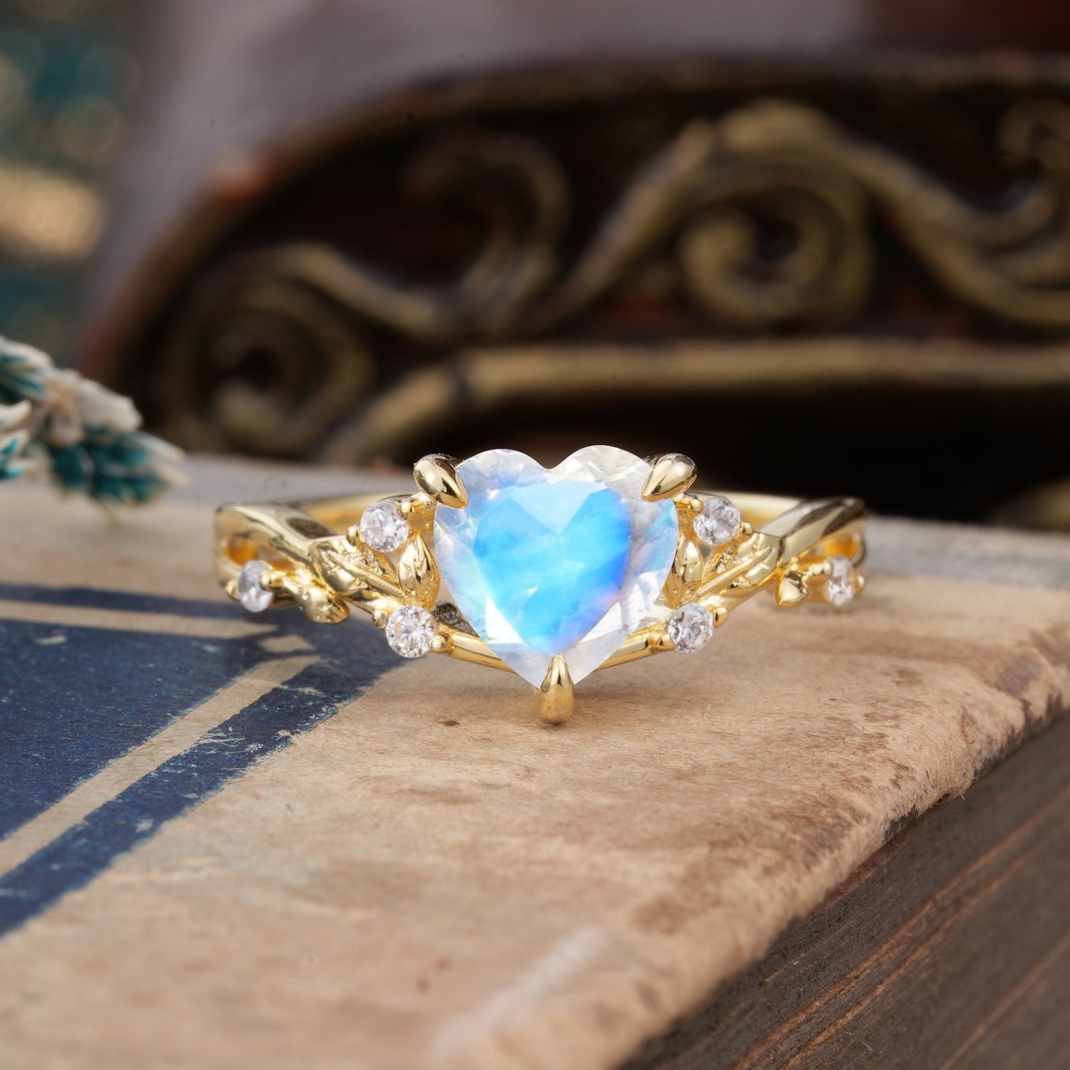 Romantic Heart Shape Nature-Inspired Moonstone Engagement Ring - Romalar Jewelry