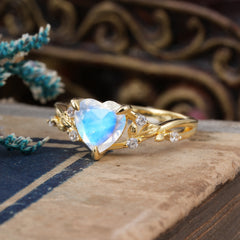 Romantic Heart Shape Nature-Inspired Moonstone Engagement Ring