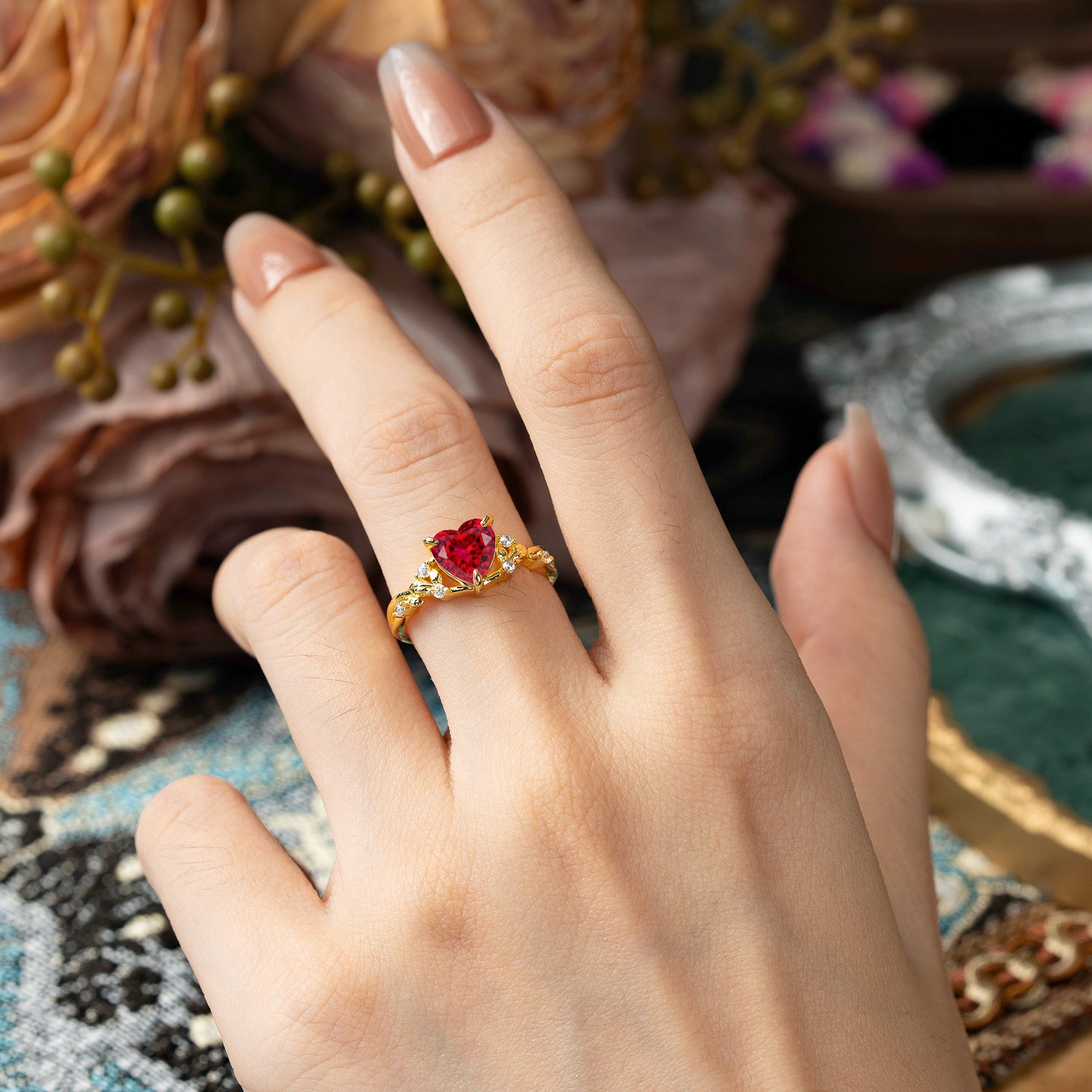 Romantic Heart Shape Nature-Inspired Ruby Engagement Ring