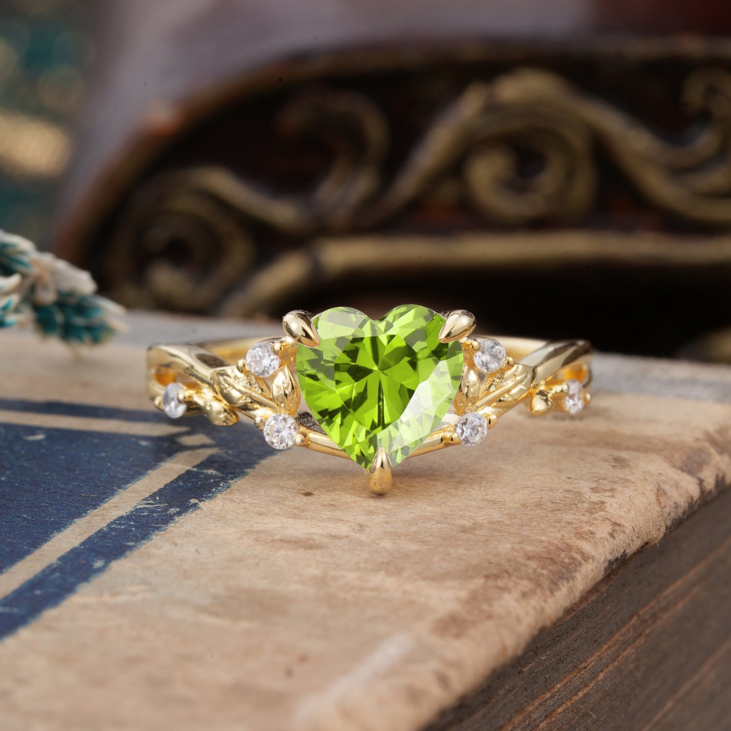Romantic Heart Shape Nature-Inspired Peridot Engagement Ring