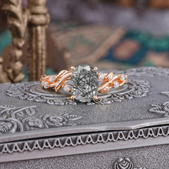 Boho 4 Prong Oval Black Rutilated Quartz Wedding Ring