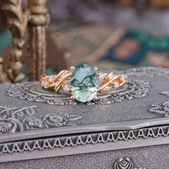 Boho 4 Prong Oval Natural Moss Agate Wedding Ring
