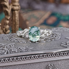 Boho 4 Prong Oval Natural Moss Agate Wedding Ring