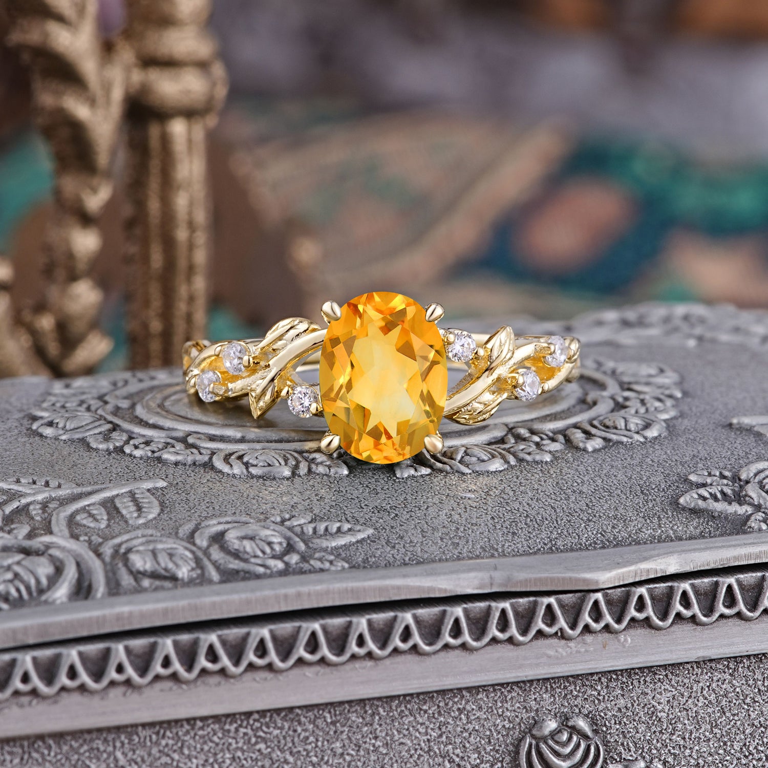 Boho 4 Prong Oval Citrine Engagement Ring