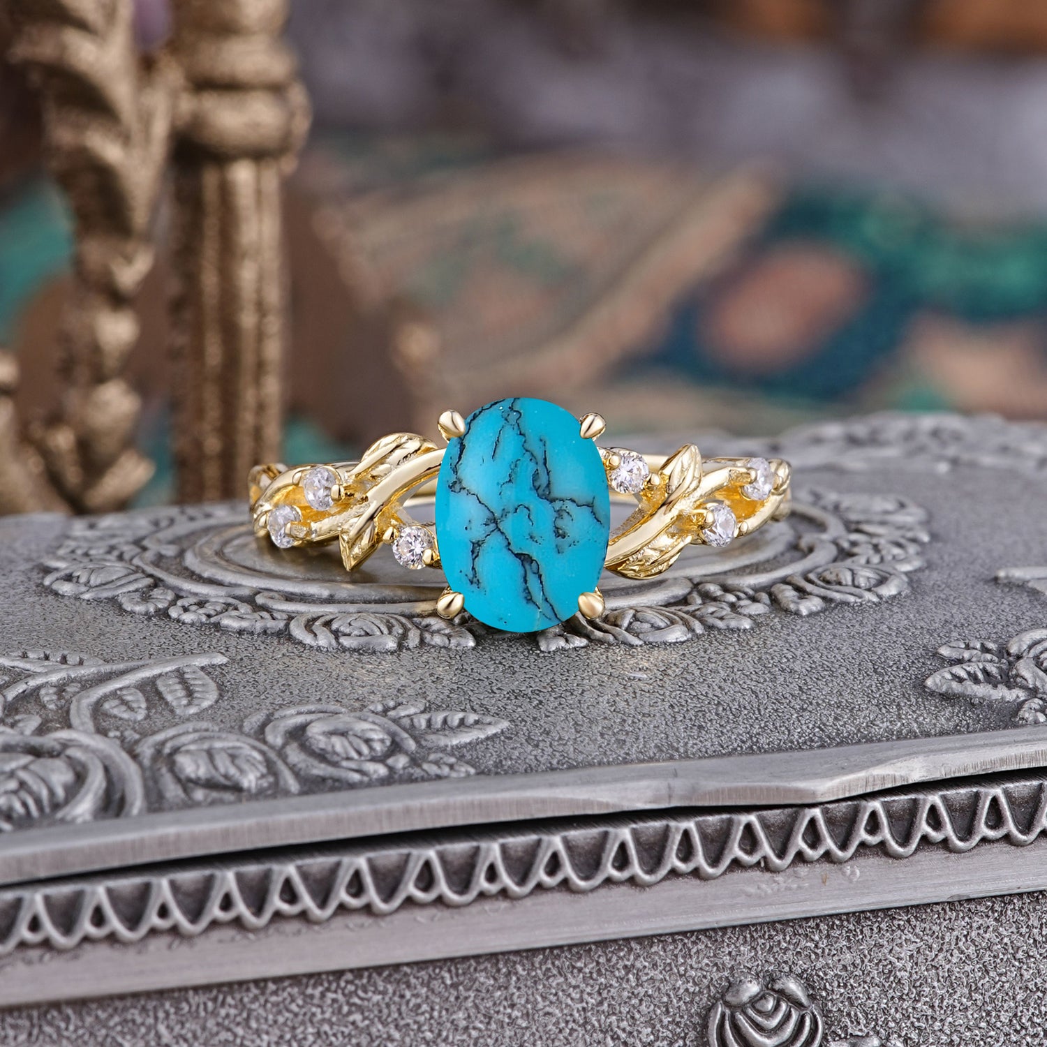 Boho 4 Prong Oval Turquoise Engagement Ring