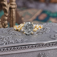 Boho 4 Prong Oval Black Rutilated Quartz Wedding Ring