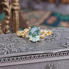 Boho 4 Prong Oval Natural Moss Agate Wedding Ring