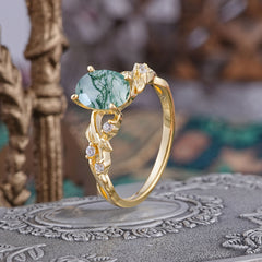 Boho 4 Prong Oval Natural Moss Agate Wedding Ring