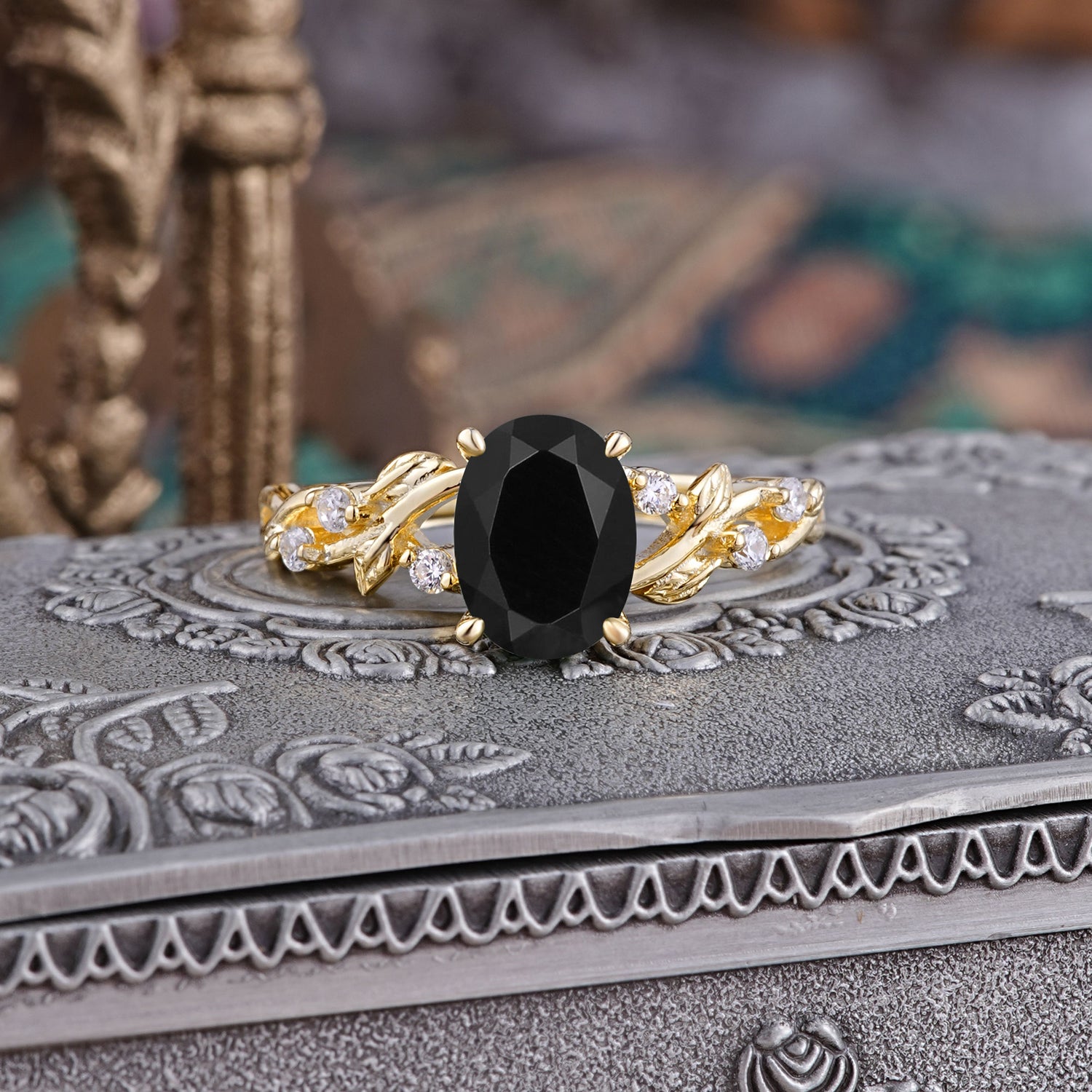 Boho 4 Prong Oval Black Onyx Engagement Ring