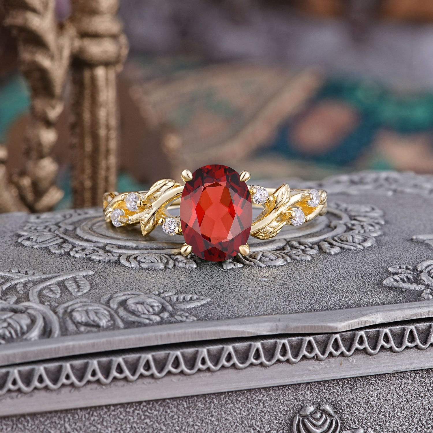 Boho 4 Prong Oval Garnet Engagement Ring