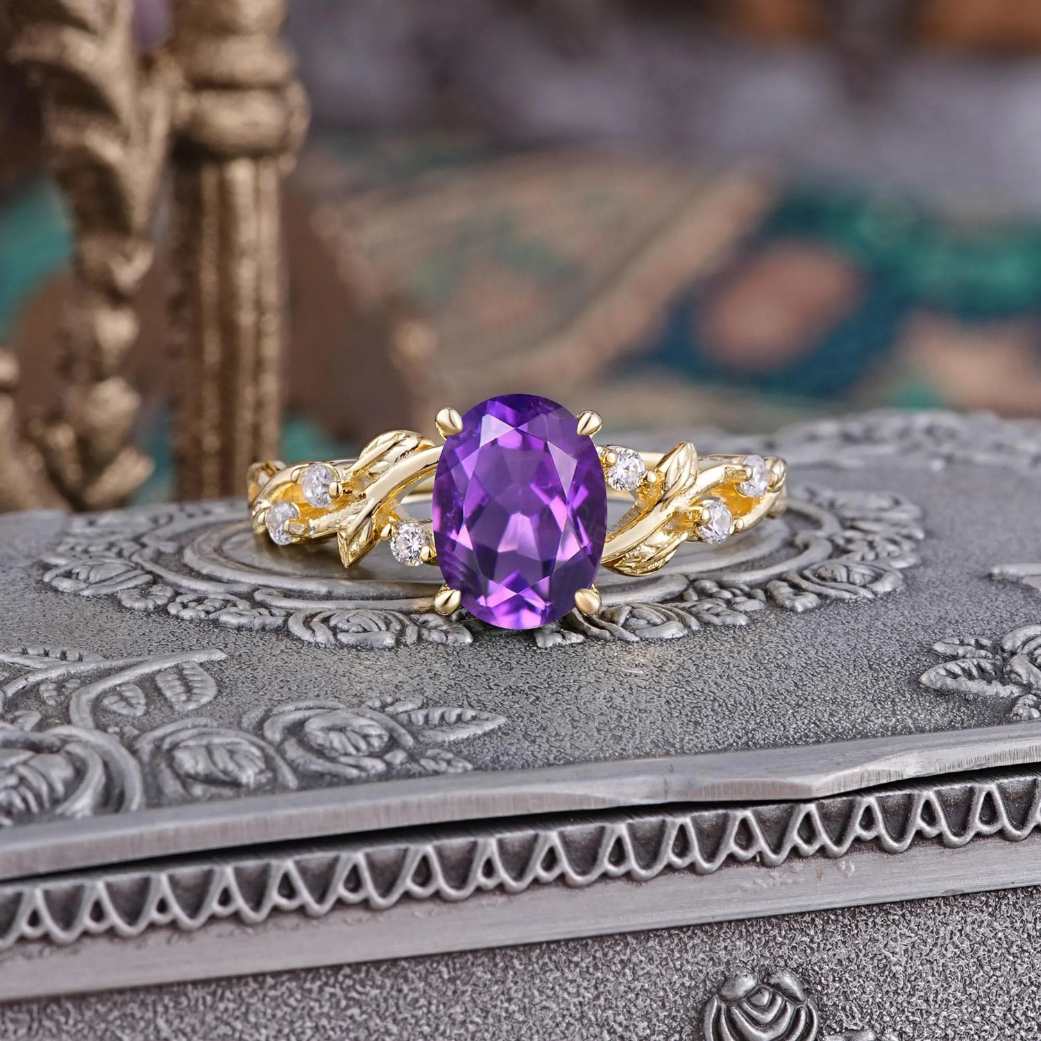 Boho 4 Prong Oval Amethyst Engagement Ring