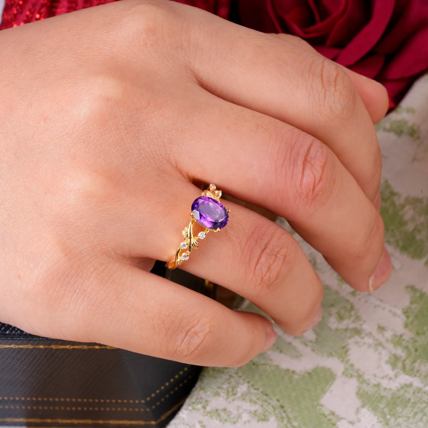 Boho 4 Prong Oval Amethyst Engagement Ring