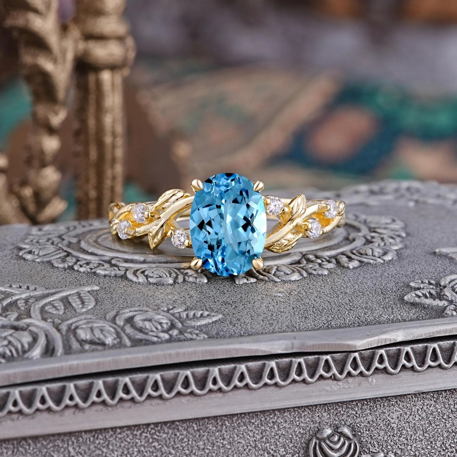 Boho 4 Prong Oval Aquamarine Engagement Ring