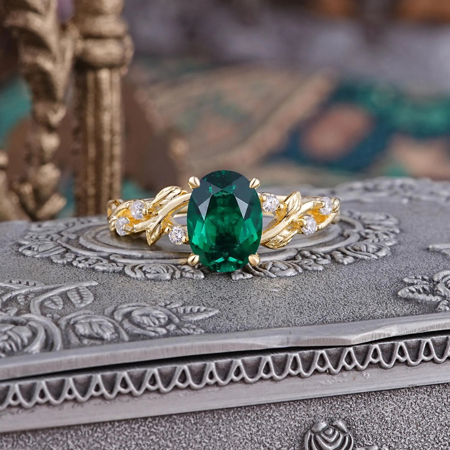 Boho 4 Prong Oval Emerald Engagement Ring - Romalar Jewelry