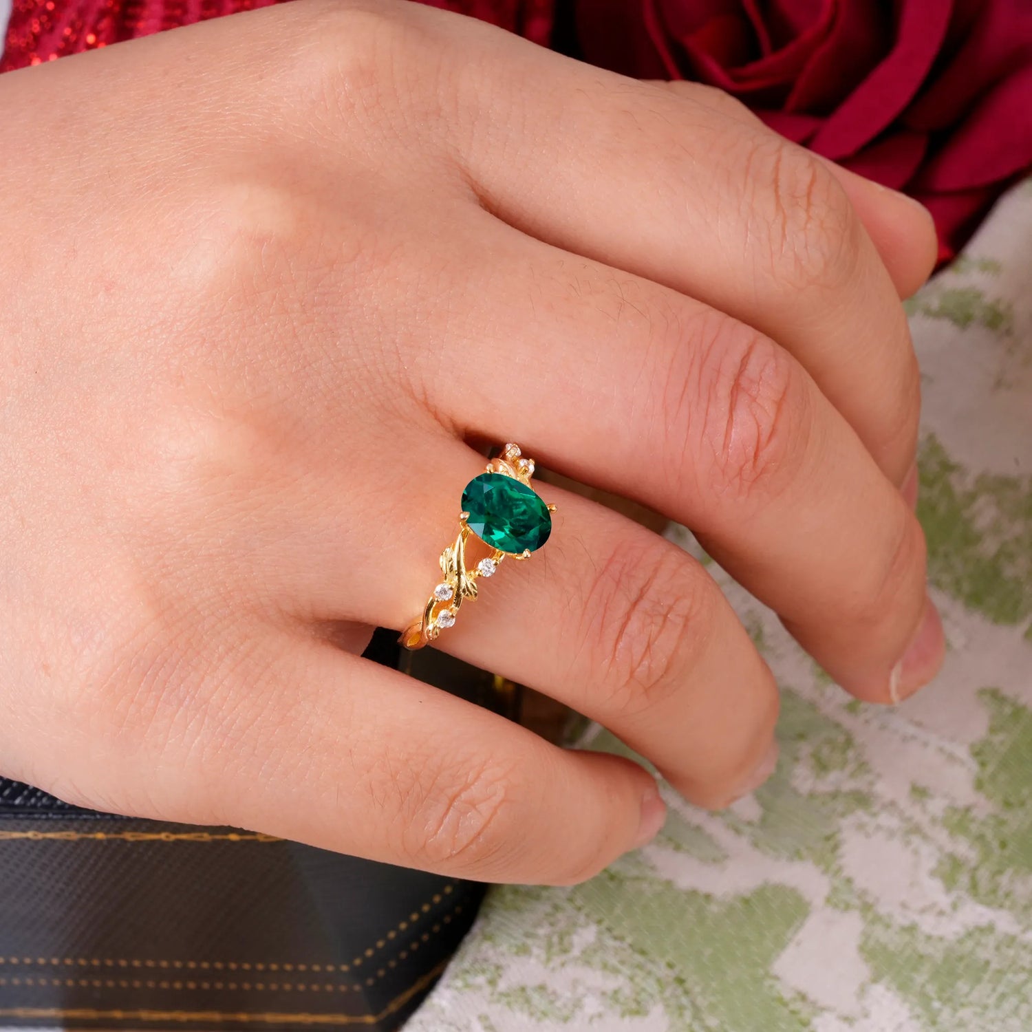 Boho 4 Prong Oval Emerald Engagement Ring - Romalar Jewelry