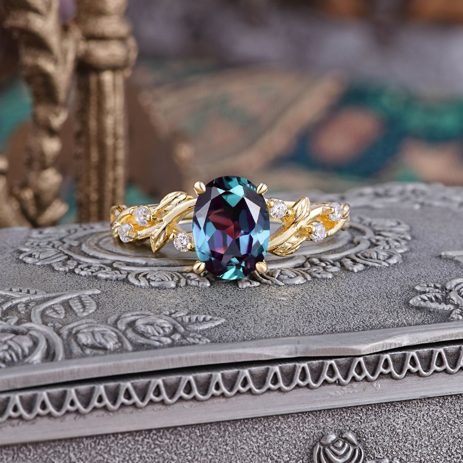 Boho 4 Prong Oval Alexandrite Engagement Ring