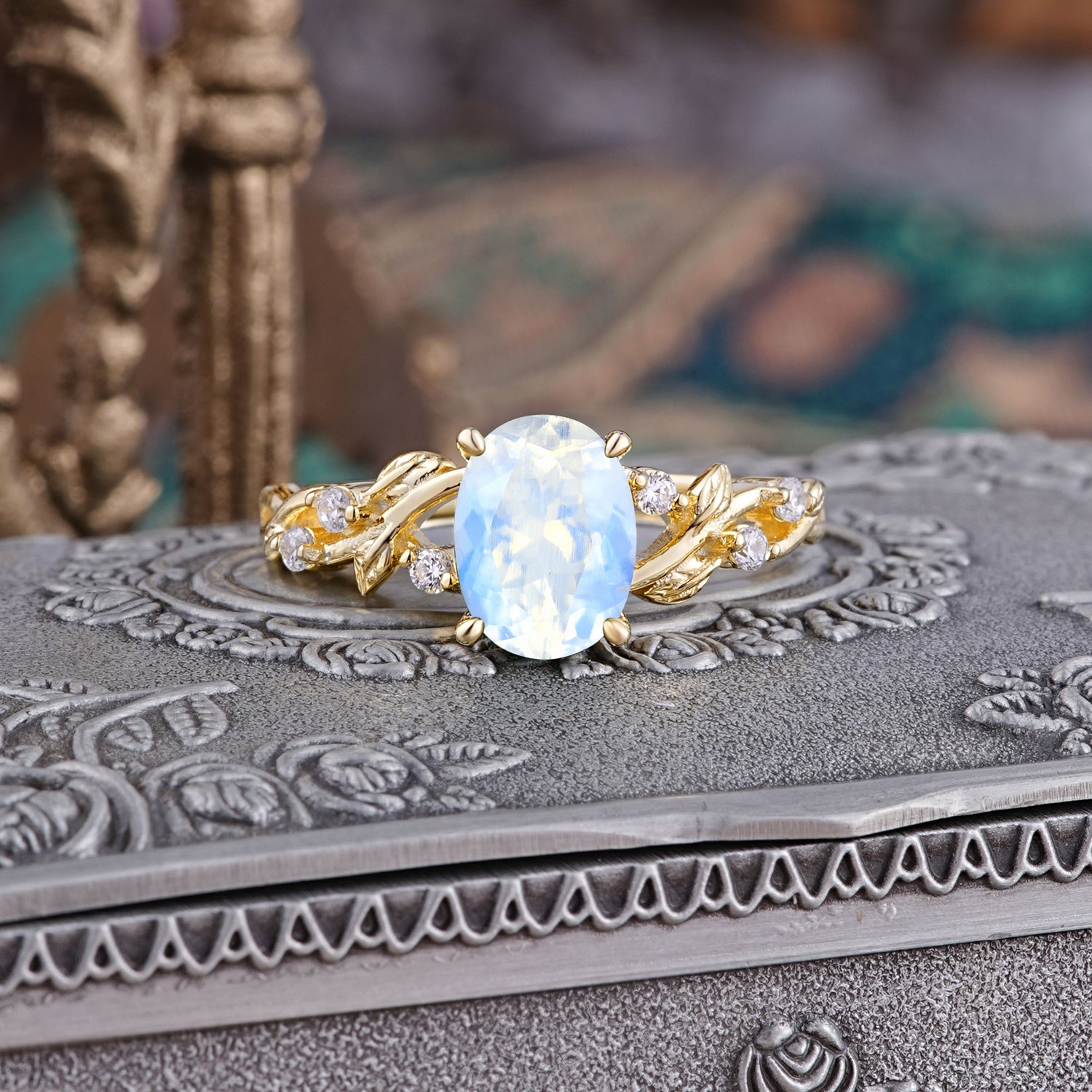 Boho 4 Prong Oval Moonstone Engagement Ring - Romalar Jewelry