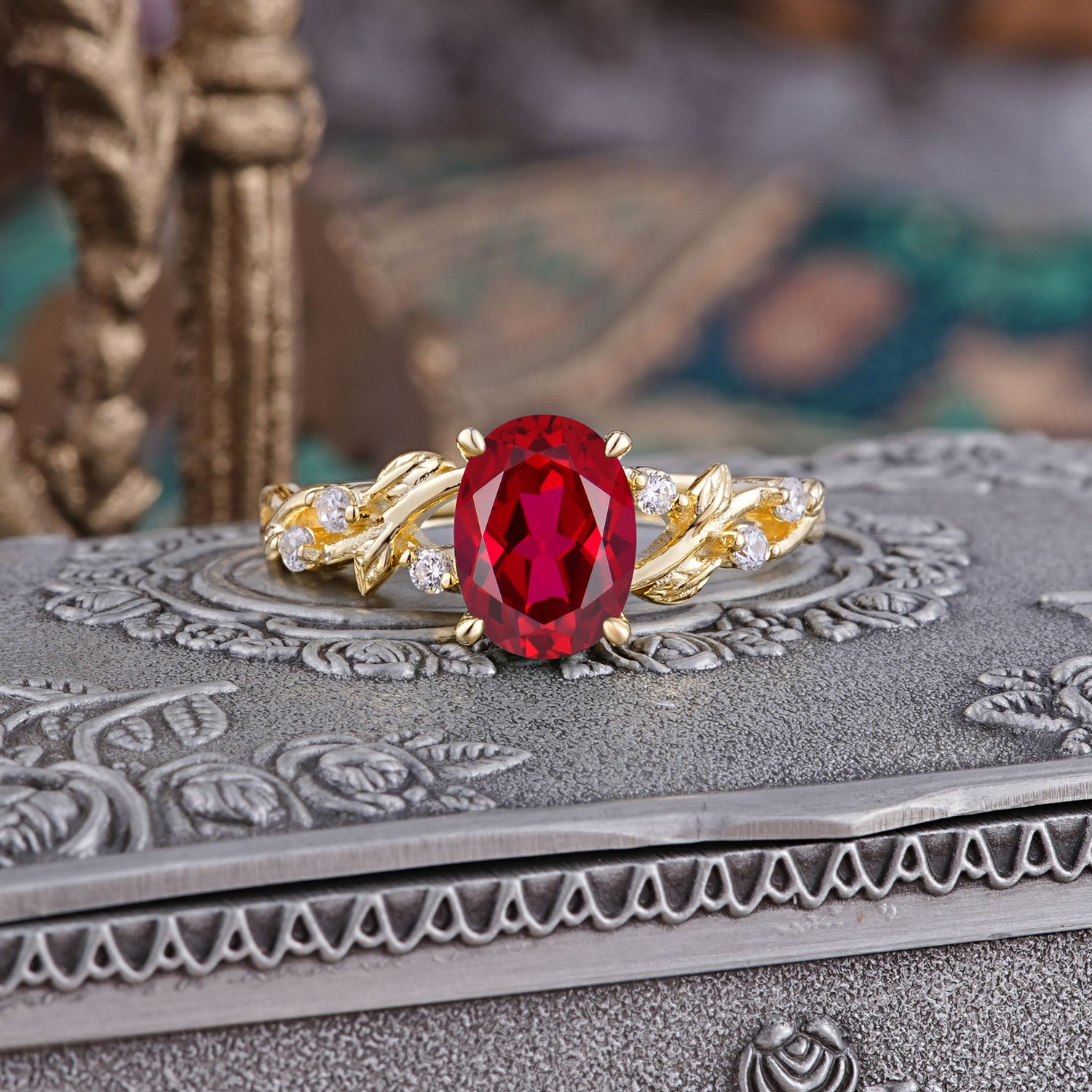 Boho 4 Prong Oval Ruby Engagement Ring