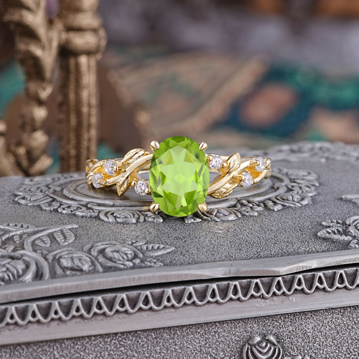 Boho 4 Prong Oval Peridot Engagement Ring