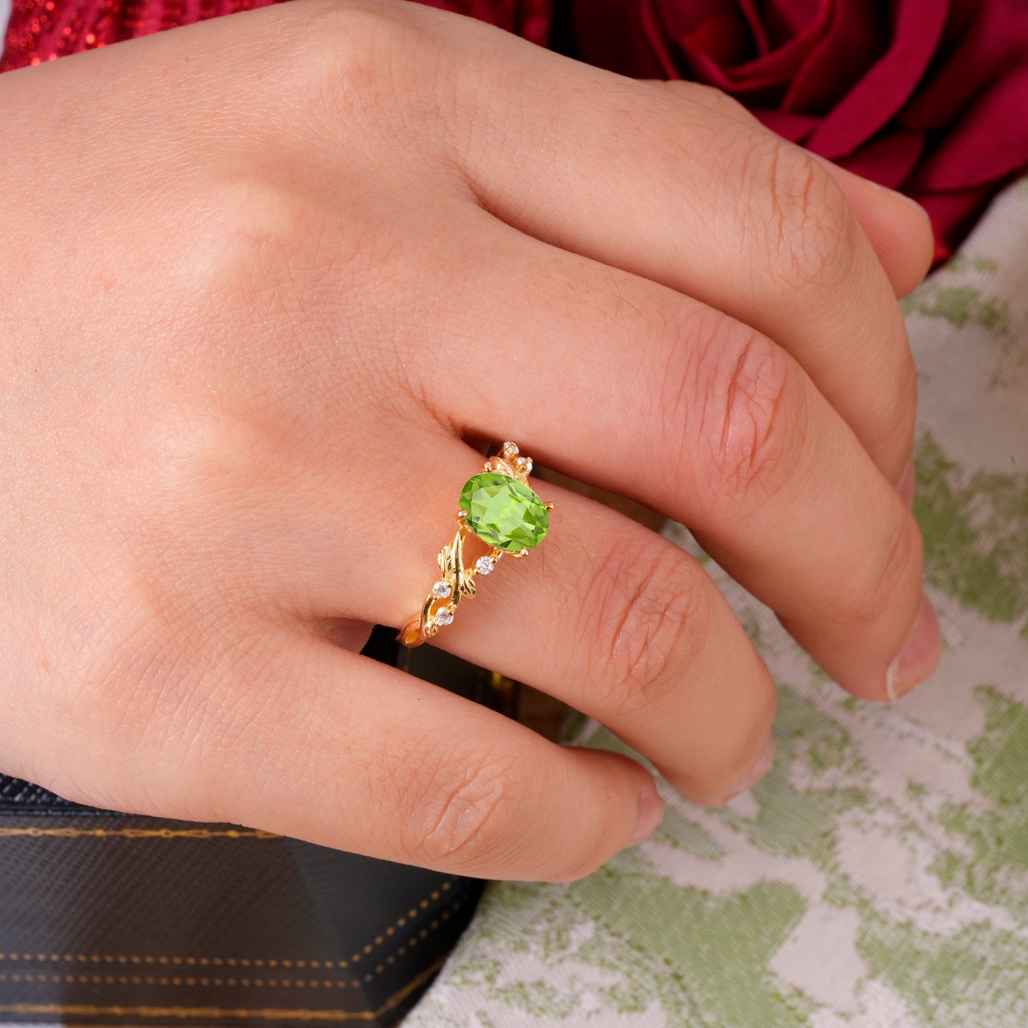 Boho 4 Prong Oval Peridot Engagement Ring