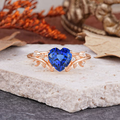 Nature Inspired 4 Prong Heart Shaped Sapphire Wedding Ring